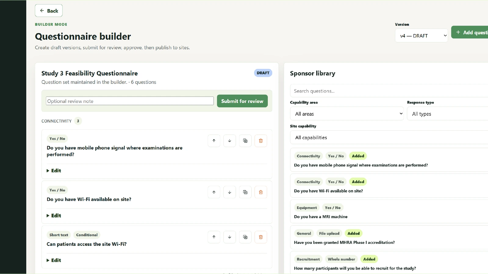 OptiSite questionnaire builder with sponsor question library