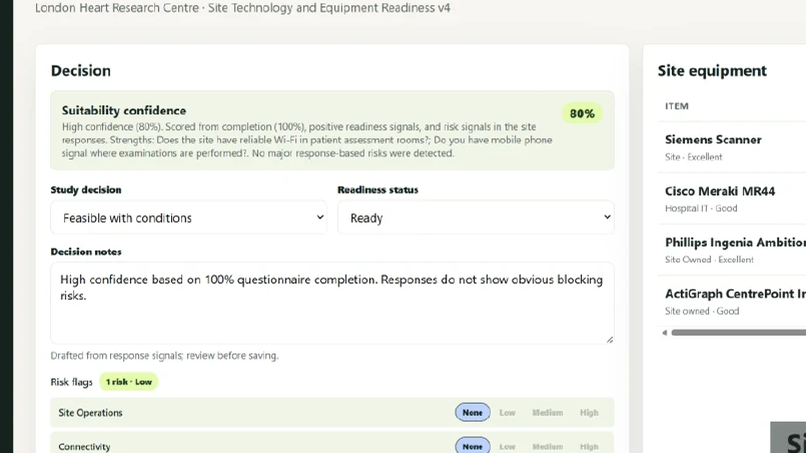 OptiSite response review with decision controls, risk flags and site equipment
