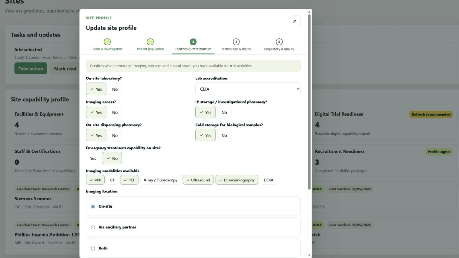 OptiSite site capability profile covering facilities, imaging and infrastructure